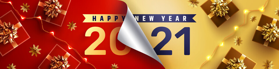 Wall Mural - 2021 Happy New Year Promotion Poster or banner with open gift wrap paper and gift box in red and gold colors.Change or open to new year 2021 concept.Promotion and shopping template for New Year 2021