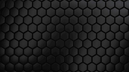  Abstract hexagonal background. A large number of black hexagons. 3d wall texture, hexagonal blocks clusters. Cellular panel. 3d rendering geometric polygons