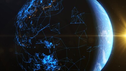 Wall Mural - 4k beautiful sunrise futuristic world skyline. planet digital earth from space. planet digital earth