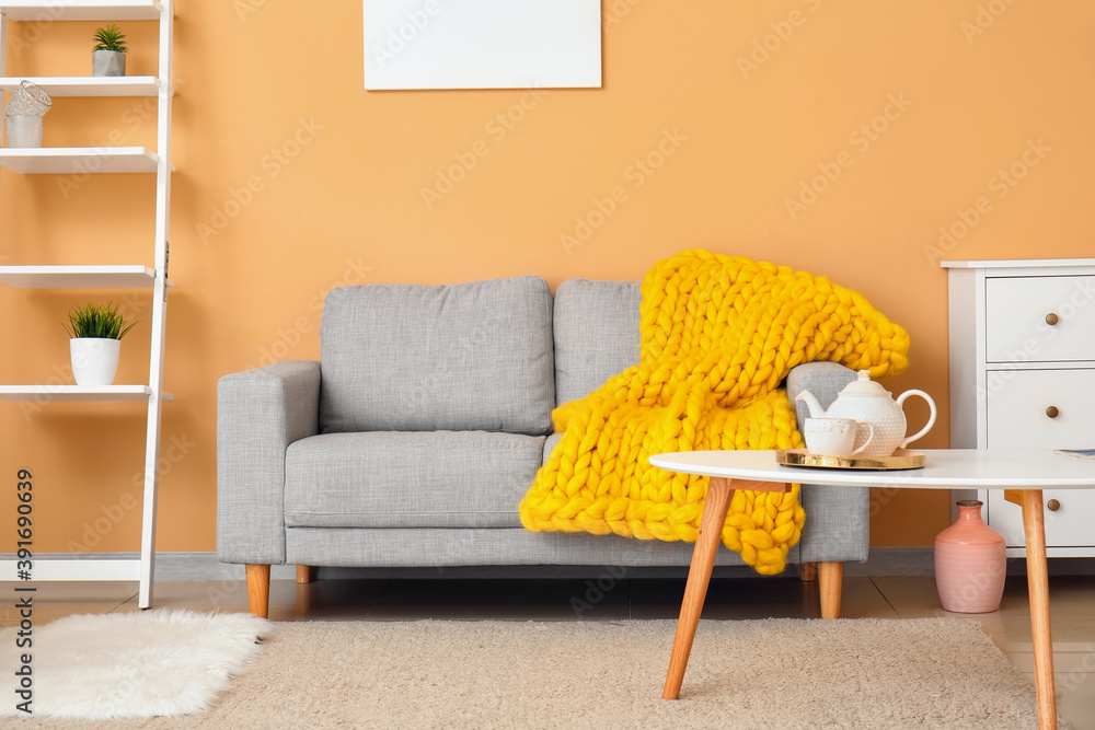 Interior of modern room with sofa, table and knitted plaid