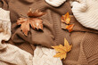 Leinwandbild Motiv Warm autumn clothes with leaves, top view