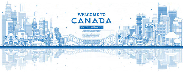 Fototapete - Outline Welcome to Canada City Skyline with Blue Buildings.