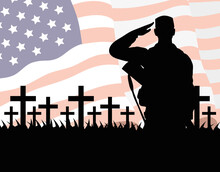 Happy Veterans Day Celebration Card With Soldier Saludating And Usa Flag In Cemetery