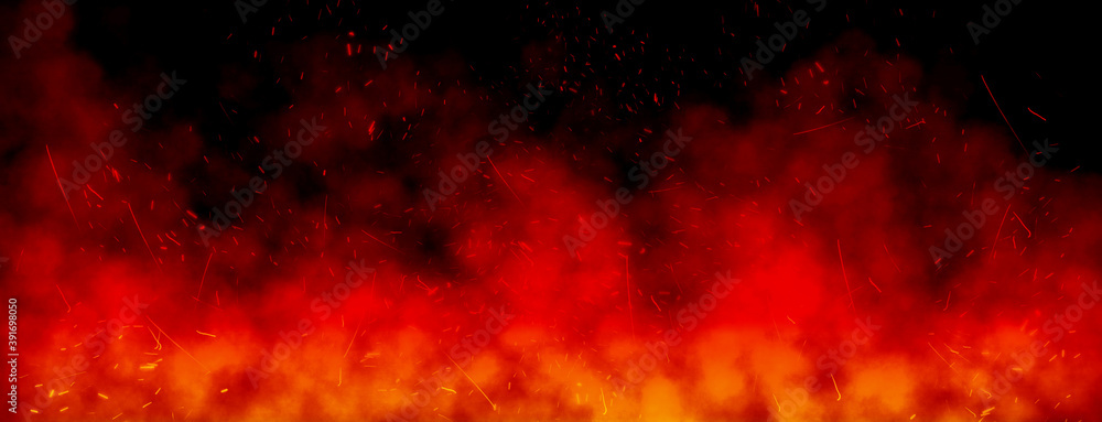 Abstract image of Orange fire or flames with sparkles and smoke in black background. - obrazy, fototapety, plakaty 