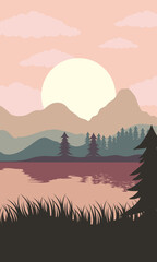 Sticker - beautiful landscape sunset scene with lake and forest