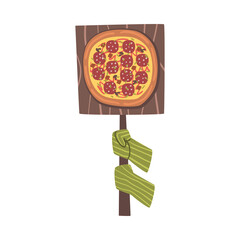 Sticker - Freshly Prepared Pizza on Wooden Paddle Cartoon Style Vector Illustration