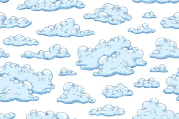 Wall Mural - Seamless pattern with blue fluffy clouds. Hand drawn endless background with curly cumulus for wrapping or textile. Background with sky view. Vector illustration of cloudscape