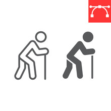 Old Man With Cane Line And Glyph Icon, Disability And Pensioner, Old Man With Walking Stick Sign Vector Graphics, Editable Stroke Linear Icon, Eps 10.