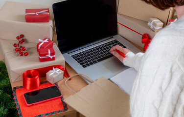 gift hand deliver laptop worker red shopping bag delivery online white dress