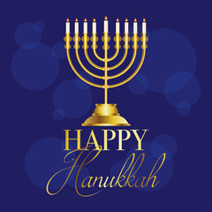 Poster - happy hanukkah celebration card with golden chandelier and lettering