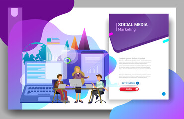 Wall Mural - social media marketing landing page template. modern flat design concept of web page design for webs
