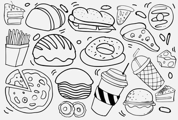 Set of hand drawn food isolated on white background, doodle set of fast food. Vector illustration