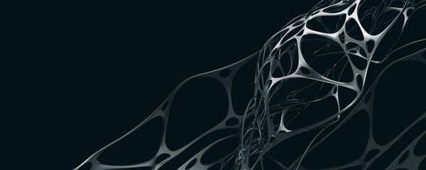 Poster - Fantastic 3D illustration. Interlacing and whirling of abstract forms. Network and web in structure of cyberspace. Synthetics and metal in nanotechnology projects of future