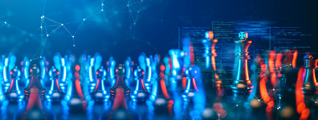Finance business investment strategy competition, big data analytic artificial intelligence technology, AI computer coding and chess foreground.
