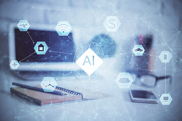 double exposure of desktop computer and technology theme hologram. concept of software development.