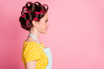 Poster - Profile side photo of charming girl look copyspace wear vintage outfit isolated over pink color background