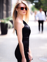 Stylish girl in black dress posing sideways in the city