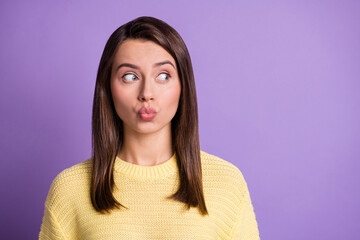 Poster - Photo portrait of pretty girl sending air kiss with plump pouted lips looking at blank space isolated on bright color purple background