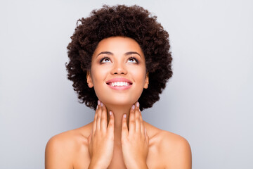 Canvas Print - Close-up portrait of her she nice attractive cheerful wavy-haired girl touching neck hormones positive balance clean clear silky skin looking up isolated on light white gray color pastel background