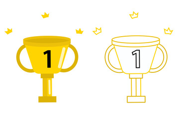 Set Trophy golden cup awards collection of two cups on white background. Flat design icons