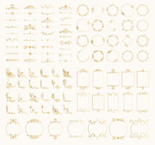 Set Of Golden Decorative Elements. Frames. Borders, Corners, Dividers, Wreaths. Vector Isolated Illustration.