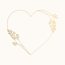 Elegant Heart Frame With Golden Herbs And Leaves. Luxurious Wedding Design. Vector Isolated Illustration.