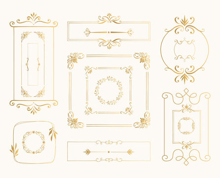 Set of golden vintage borders. Elegant ornate patterns. Vector luxurious design. Isolated illustration.
