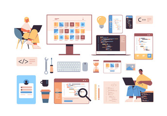 Wall Mural - development of software and programming icons set with mix race web developers using laptops creatin