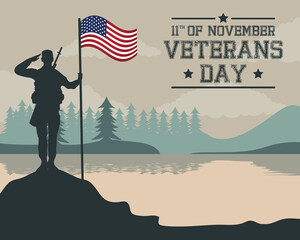 Poster - happy veterans day celebration card with soldier saludating usa flag in pole