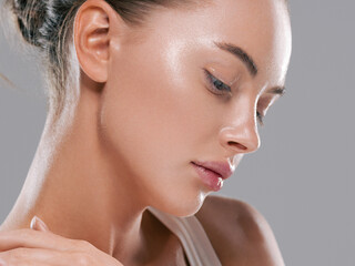 Wall Mural - beautiful woman face with healthy clean slon spa concept cosmetic skin care