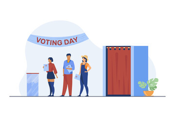 Sticker - Queue of people with paper at ballot boxes. Voting day, electorate, poll flat vector illustration. Election campaign, politics, choice concept for banner, website design or landing web page