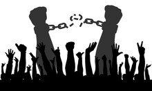 Cheerful Hands Of People (crowd) On Background Of Male Hands Breaking Chains In Handcuffs. Concept Of Freedom. Vector Illustration.