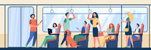 People Riding Subway Train. Commuters Sitting And Standing In Carriage. Vector Illustration For Metro Passengers, Commuting, Public Transport Concept