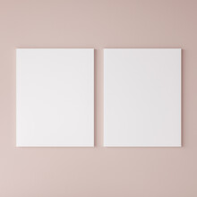 Two Vertical Canvas Mock Up, Empty Poster On Pink Wall, 3D Illustrations