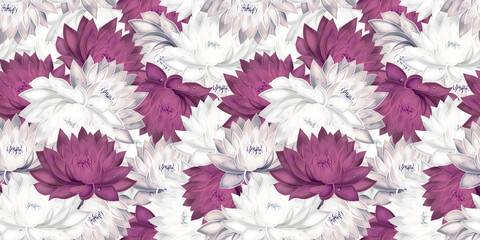 Seamless pattern with pink and white water lilies