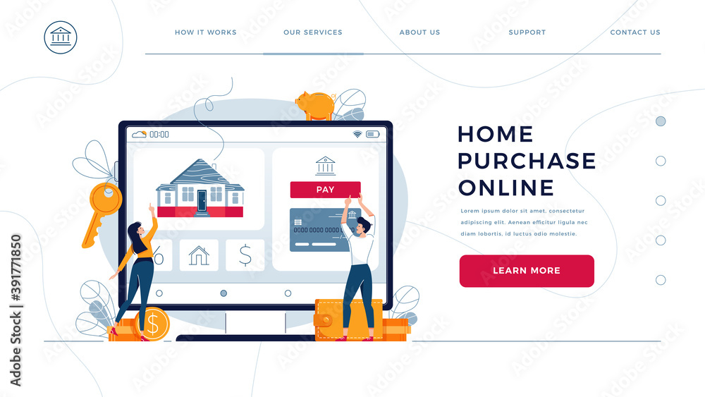 Vector de Stock Home purchase online, template for homepage. Couple ...