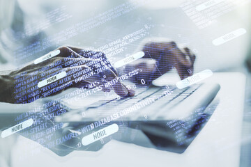 multi exposure of abstract graphic coding sketch with world map and hands typing on computer keyboar