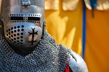 Close up of middle ages armor of the knight. Historic armoring used in combat battles.