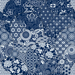japanese traditional fabric patchwork wallpaper abstract floral vector seamless pattern