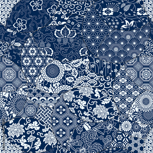 Dekoracja na wymiar  japonska-tradycyjna-tkanina-patchworkowa-tapeta-abstrakcyjny-kwiatowy-wektor-bezszwowy-wzor