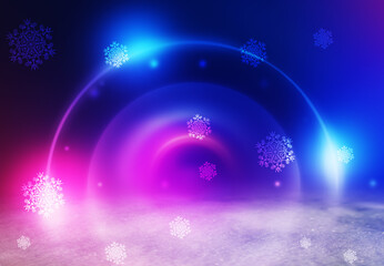 Poster - Dark Christmas abstract background. Snow cover, neon glow, blurred bokeh, snowflakes. 3d illustration