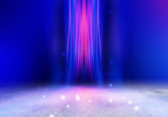 Poster - Dark Christmas abstract background. Snow cover, neon glow, blurred bokeh, snowflakes. 3d illustration