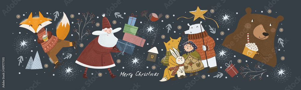 Happy New Year and Merry Christmas! Vector cute illustration of cheerful Santa Claus with gifts in winter, fox on skates. bear with a drink, animals welcoming the holiday. Drawings for greeting card  - obrazy, fototapety, plakaty 