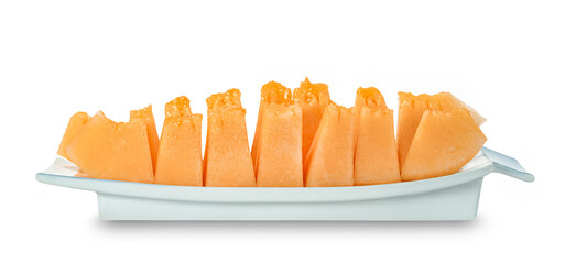 Wall Mural - Orange cantaloupe melon fruit sliced on dish isolated on white background ,include clipping path