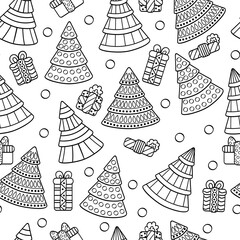 Wall Mural - Seamless pattern with Christmas trees and gifts, coloring page