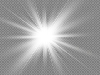 White glowing light explodes on a transparent background. Sparkling magical dust particles. Bright Star. Transparent shining sun, bright flash. Vector sparkles.