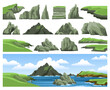 Set of sea landscape elements. Mountains, rocks, cliffs, stones and blue sky with clouds. Colorful panoramic scenery. Vector illustration.