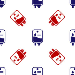 Sticker - Blue and red IV bag icon isolated seamless pattern on white background. Blood bag. Donate blood concept. The concept of treatment and therapy, chemotherapy. Vector.