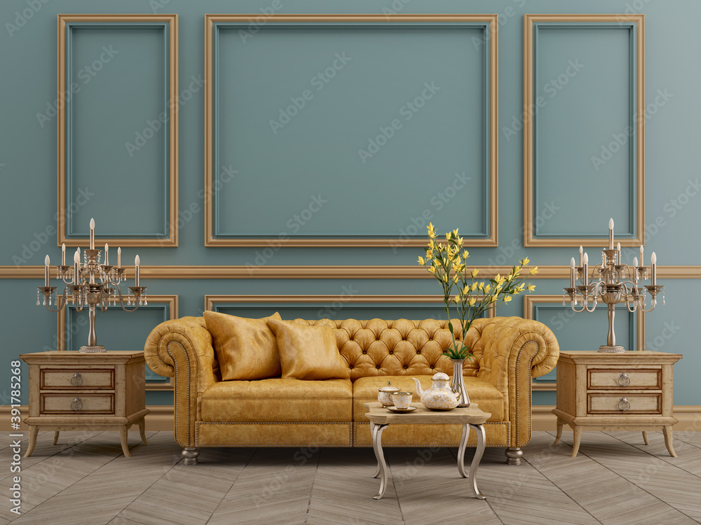 Modern classic blue and yellow interior with yellow leather sofa,table,lamp,wood floor,mouldings.3d rendering - obrazy, fototapety, plakaty 