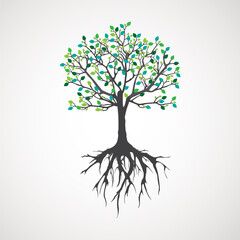 abstract tree with roots. vector outline illustration. plant in garden.